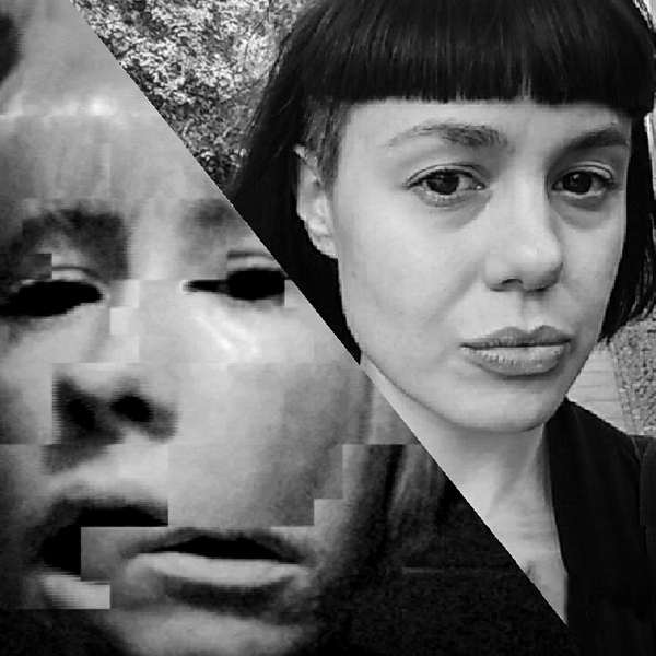 In this black and white image, Rosa Menkman is pictured on the left. Her image has visual glitches, she has white skin and white hair. Sarah Grant is pictured on the right. She has pronounced features, such as cheekbones and a short black fringe. Her skin is also white.