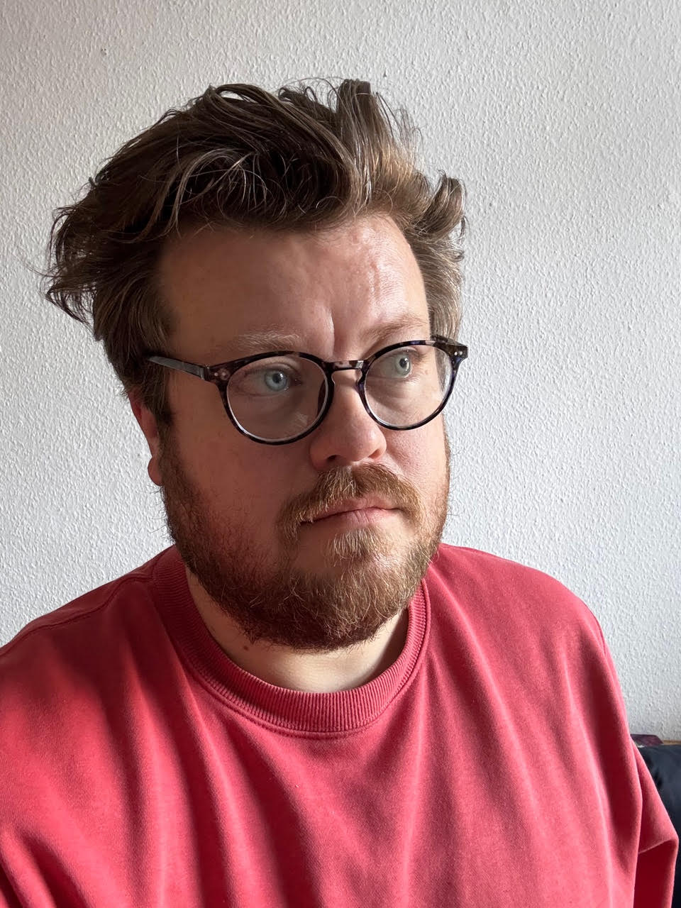 Pictured in Constant Dullaart, a bearded man from the Netherlands, wearing black, round glasses and bearing a contemplative look, as he gazes towards his left. He is wearing a medium dark shade of pink-red sweatshirt and sits against a white wall.