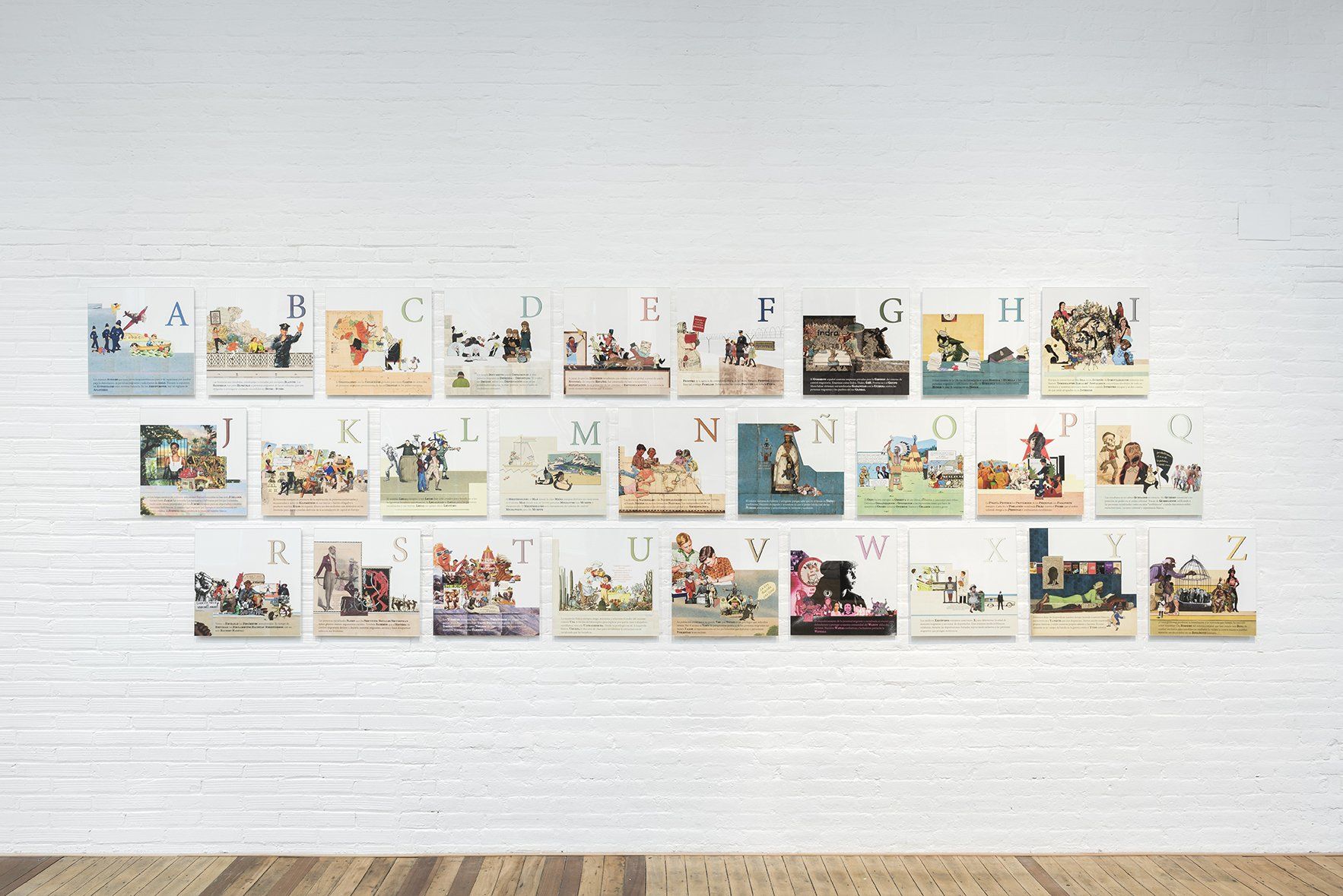 Pictured is a a wall installation displaying each page of the children’s book, 'The ABCs of Racist Europe,' creating an anti-racist narrative in alphabetical order. The book addresses the connection between the migratory control system, colonialism and coloniality, while reinterpreting diverse words. The publication also narrates various struggles and resistances against racism.