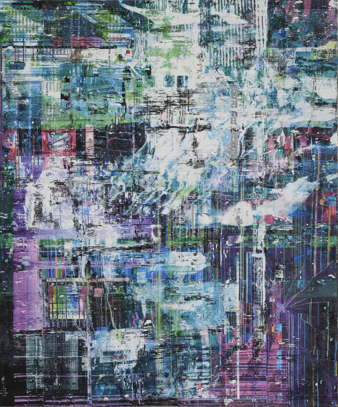 A painting of what looks like a destroyed, collapsed screen with striations of white, akin to the movement of light seen on LED screens or streaking of ink in a jammed printer.