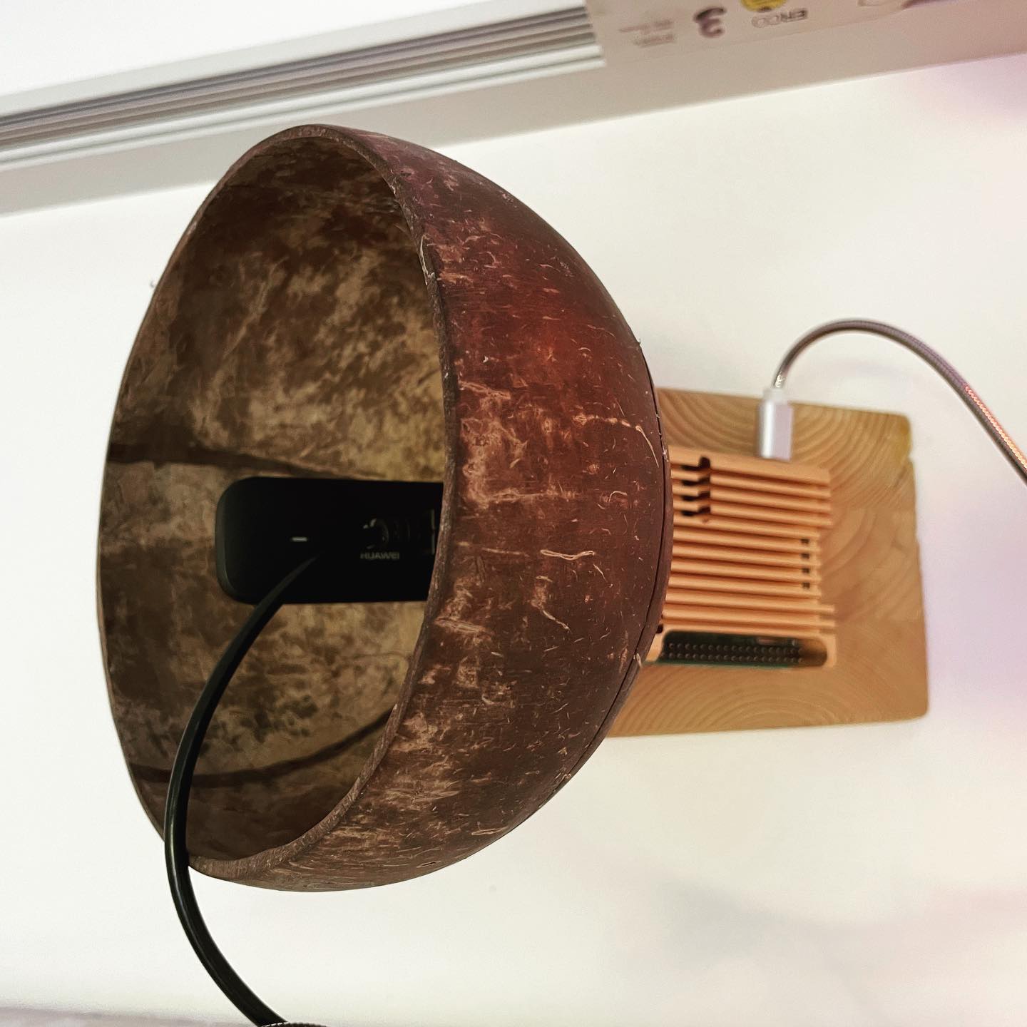 Pictured is a rusted cone with connected to a wooden panel - it is a Raspberry Pi ‘rhizomes’ or nodes for a Wi-Fi network that would be installed in a semi-public space.