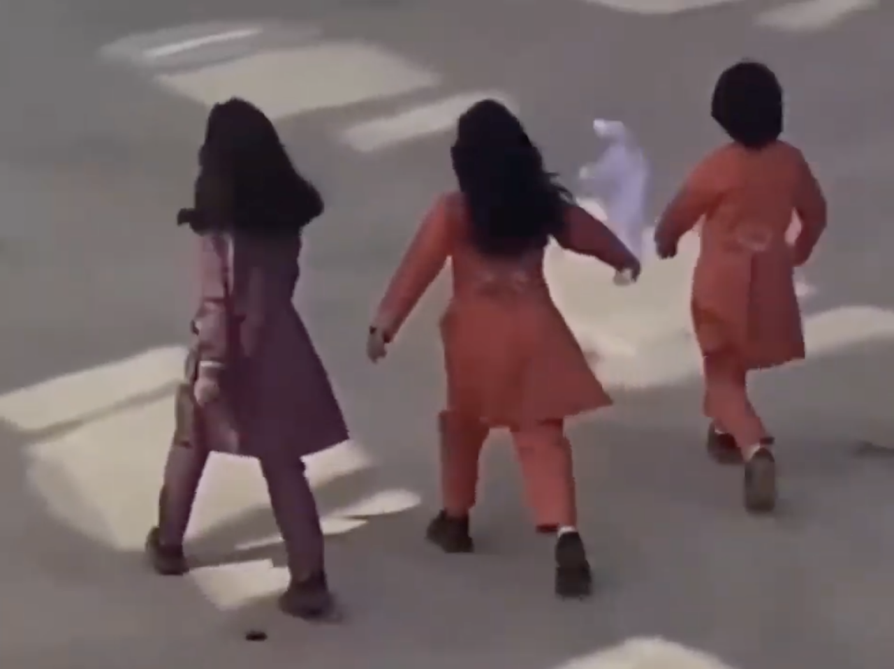 An archived image taken from an anonymous social media source. The image features 3 Iranian school girls, walking proudly across the street, with their hair let loose, all of them having various lengths and styles of dark brown hair, sans Hijab, in protest against the Hijab laws in Iran. The anonymous girls are facing away from the camera, wearing various shades of orange and mauve long-sleeve suit jackets and pants.