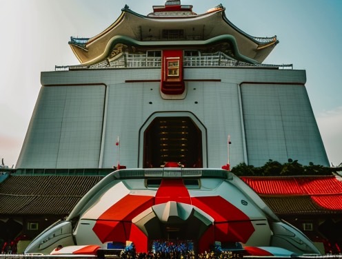 A still featuring a large futuristic Pagoda, one of the entrances of the structure looks architecturally similar to a mecha-inspired design.