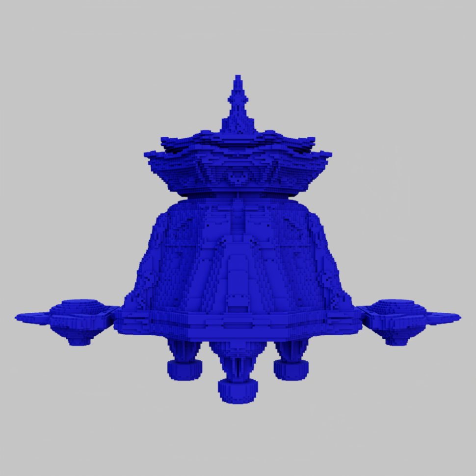 A blue 3-D printed spacecraft in the shape of a pagoda with a bell-like supporting structure.