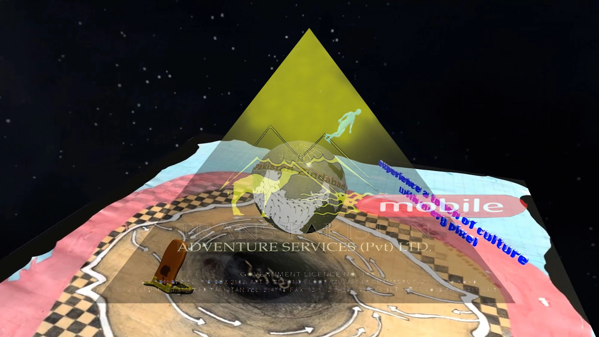 Surreal collage with a pyramid and globe overlay, adventure logo, swirling patterns, and the words “mobile” and “culture.” Dark, cosmic background.