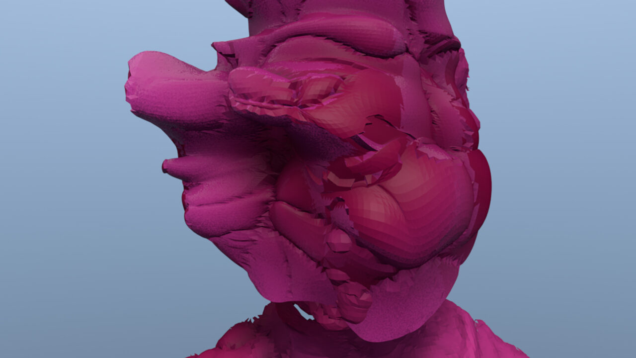 Pictured is a 3D modeled dark pink disconfiguration of a mask, completely distorted, with no facial features that are modeled and morphed from aggregated facial data of participants in the artist's work.