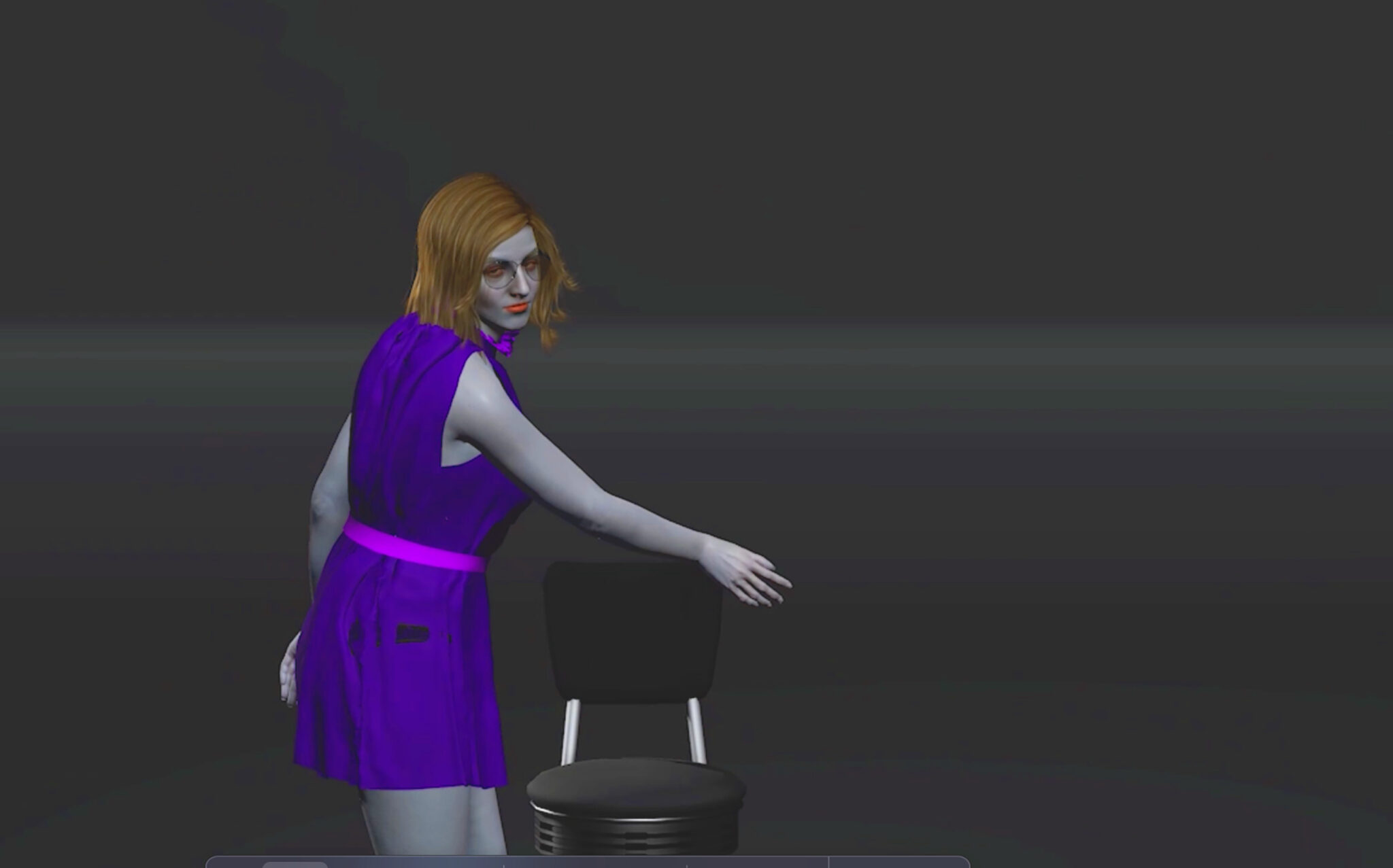 A still from a film shows a digital avatar, a woman with light grey skin, mid-length, shoulder length light brown hair dancing around a black chair in a dark gray space. She wears a royal purple sleeveless, short dress.