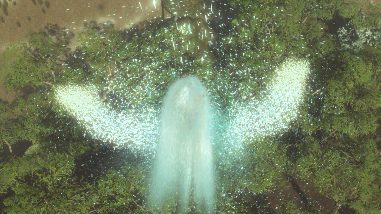 On the screen is the film, the scene is set on a grassy, dirt patch, and resting on top is a white, glittering, ghost-like, snow-angel-like shape.