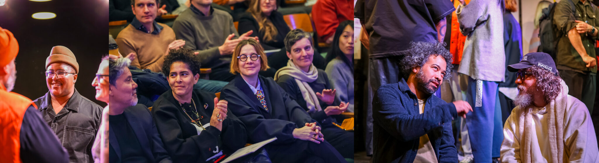 Moving from left to right. In the first picture on the left is artist, community designer, and educator of FLOX studio, Sloan Leo Cowan. They are a Black transmasculine person, with neatly shaved hair. They are sporting a tan thick-rimmed beanie and square black wire-rimmed glasses. He is speaking to two Eyebeam alum artists, whose backs are facing against the camera.