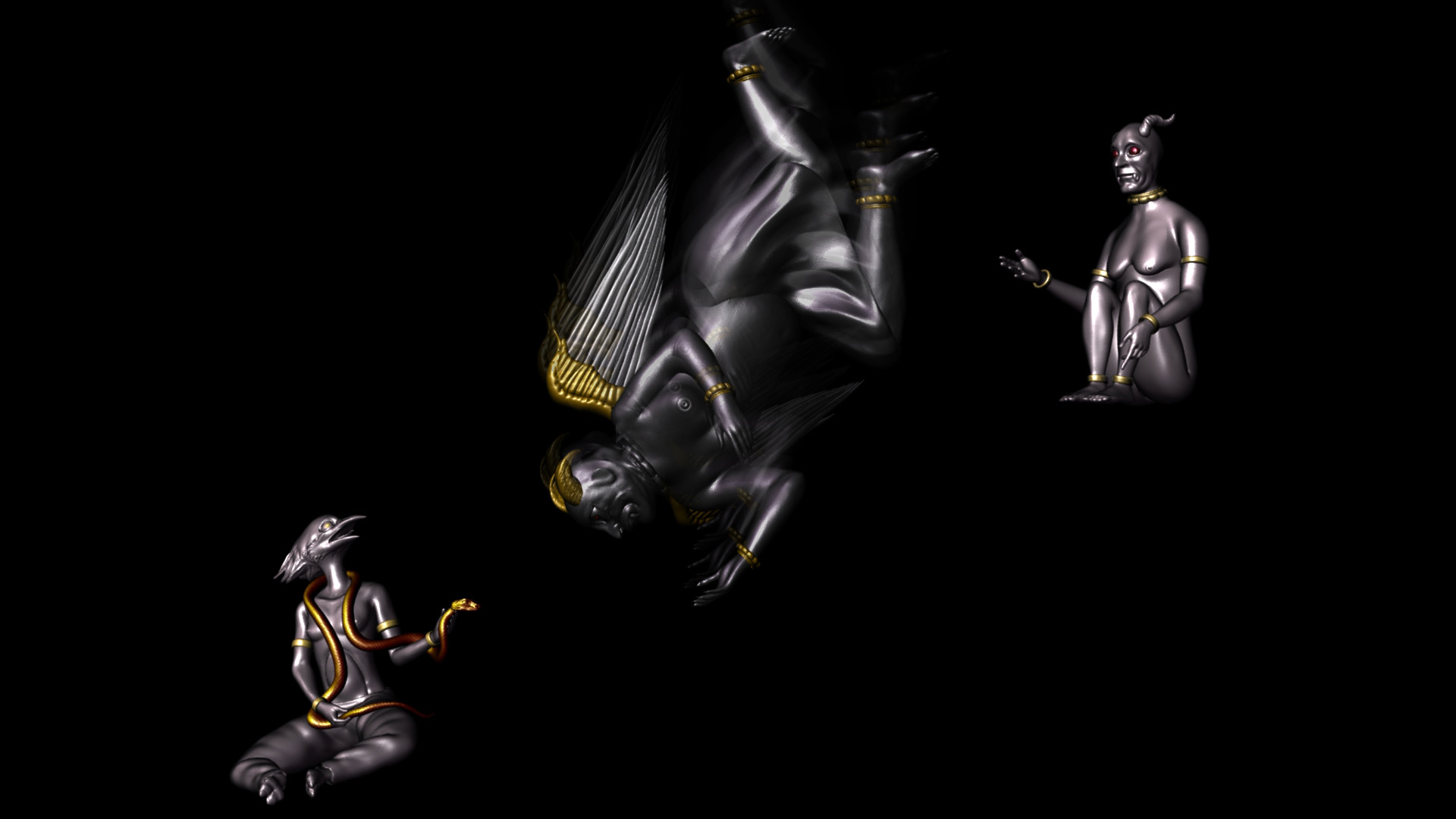 Three chrome-colored and gold sculpted figures diagonally displayed on an all black background.