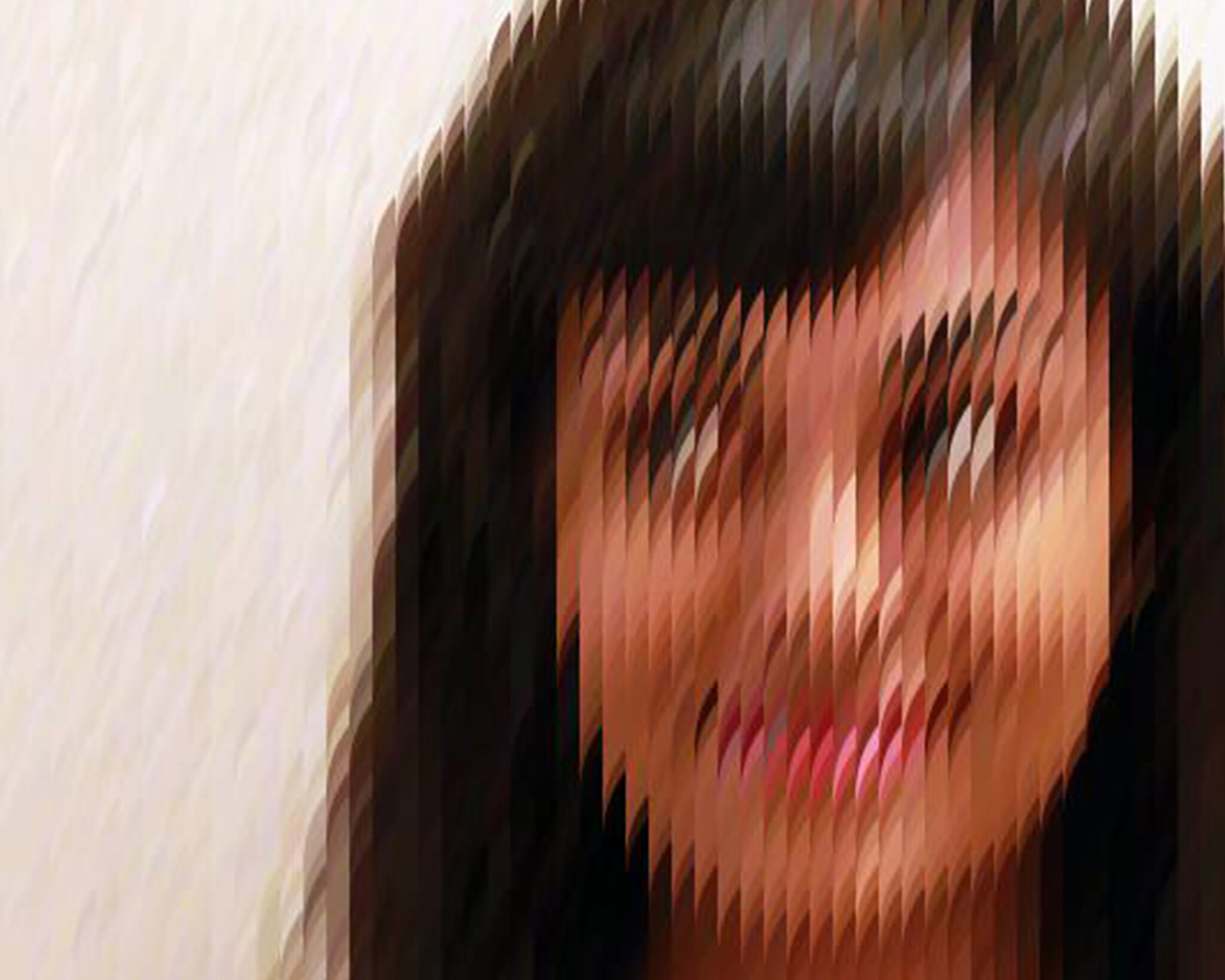 A wavy lines photo effect headshot of Roopa: a medium-toned person with long black hair and bangs, against a white background.