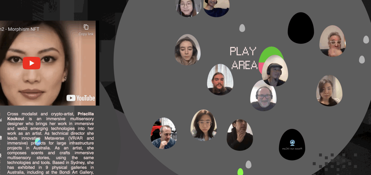 Screenshots of online hang outs at the ‘common.garden’ online platform. In the background, each hangout, people are sharing linked videos, and various resources, one hang out devoted to teaching about newer web3-based technologies and the other one about the history and politics of women dancers. In each screenshot you see floating and moving egg-shaped avatars, representing an individual’s video from their webcams.