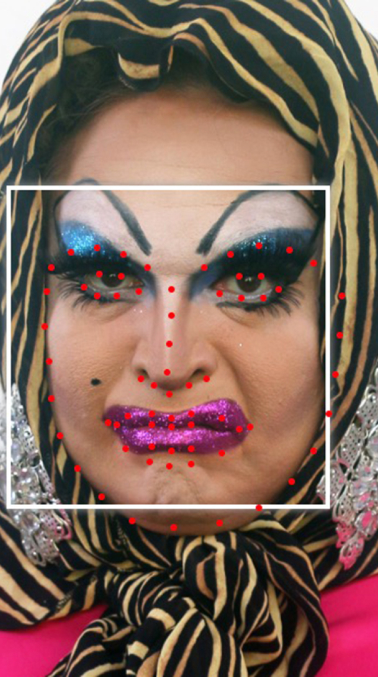 A white person with a black and yellow head scarf, blue eyeshadow and pink lipstick with a white square framing their face with red facial recognition dots.
