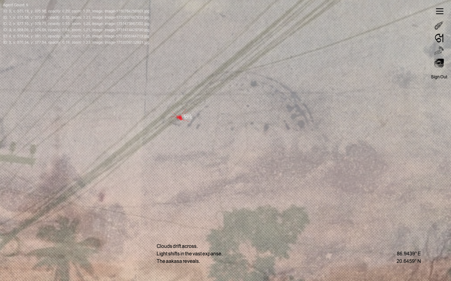 A screen still from the web-based app ‘Immersive Sky Experience.’ An image of the semicloudy sky, a telephone pole, wires, and trees jut out from the bottom left corner. The image is flourished with translucent halftone filter and textured effects that make the image seem like an artifact of a distant past, like foxed paper or faded paper currency. The longitude and latitude: 86.9439 degrees East, 20.6459 degrees North, are on the bottom right corner. And a poetic image description of the sky is generated: “Clouds drift across. Lights in the vast expanse. The aakasa reveals.”