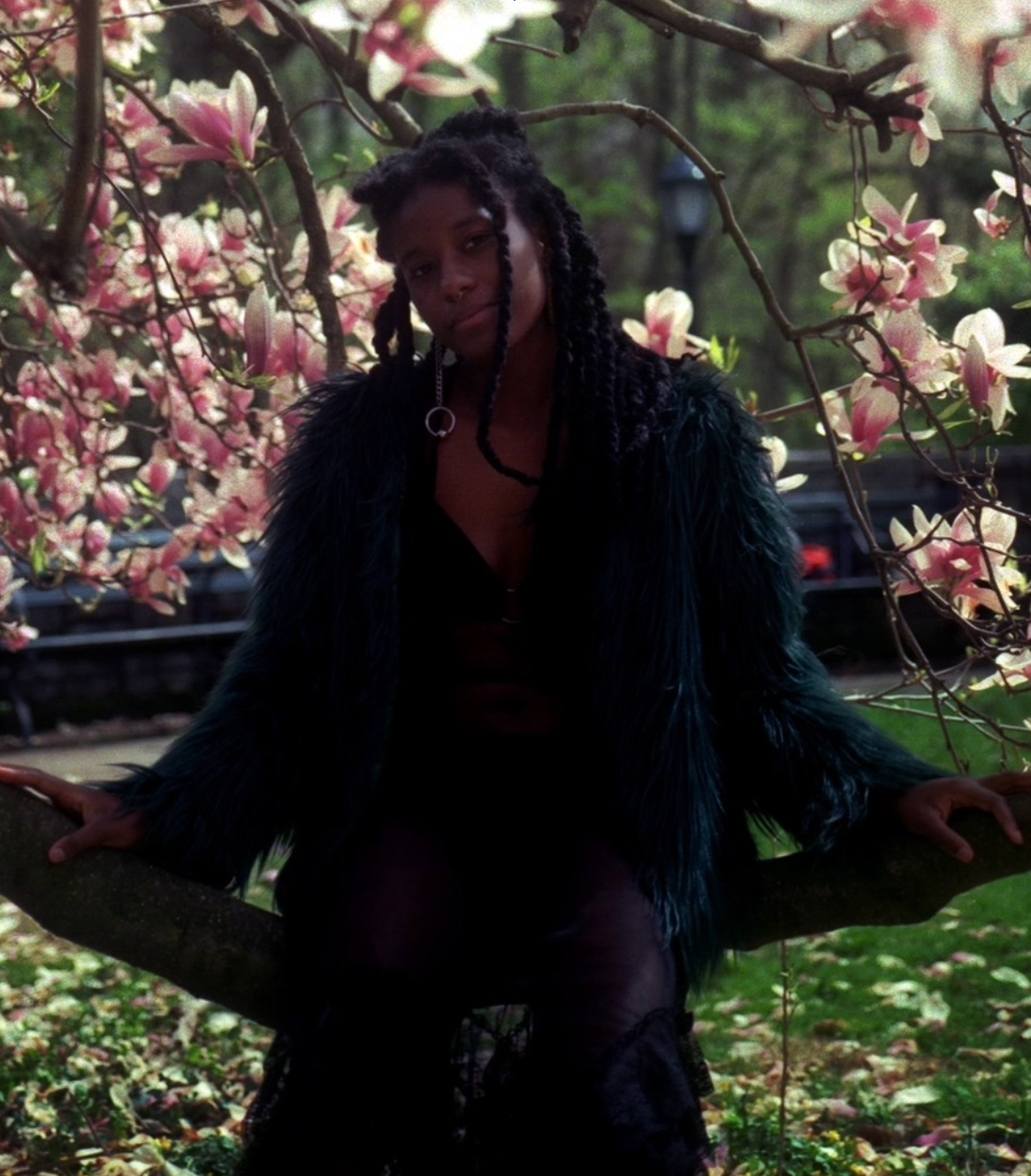 A dark skinned agender person with long black hair in twists is wearing a dark green shaggy coat, black top, mesh skirt while sitting on a bench surrounded by ombre blossom pink to white magnolia blossoms in prospect park, brooklyn.