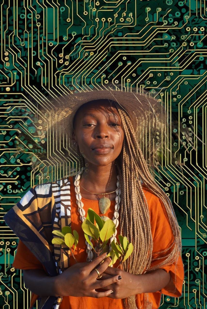 Neema Githere is a Black Kenyan-born fem person with blond locs, and wears a straw hat along a bright orange linen shirt. Standing in front of a background greenscreen image of innate circuitry on a motherboard, a sea of greens with yellow-orange pathways.