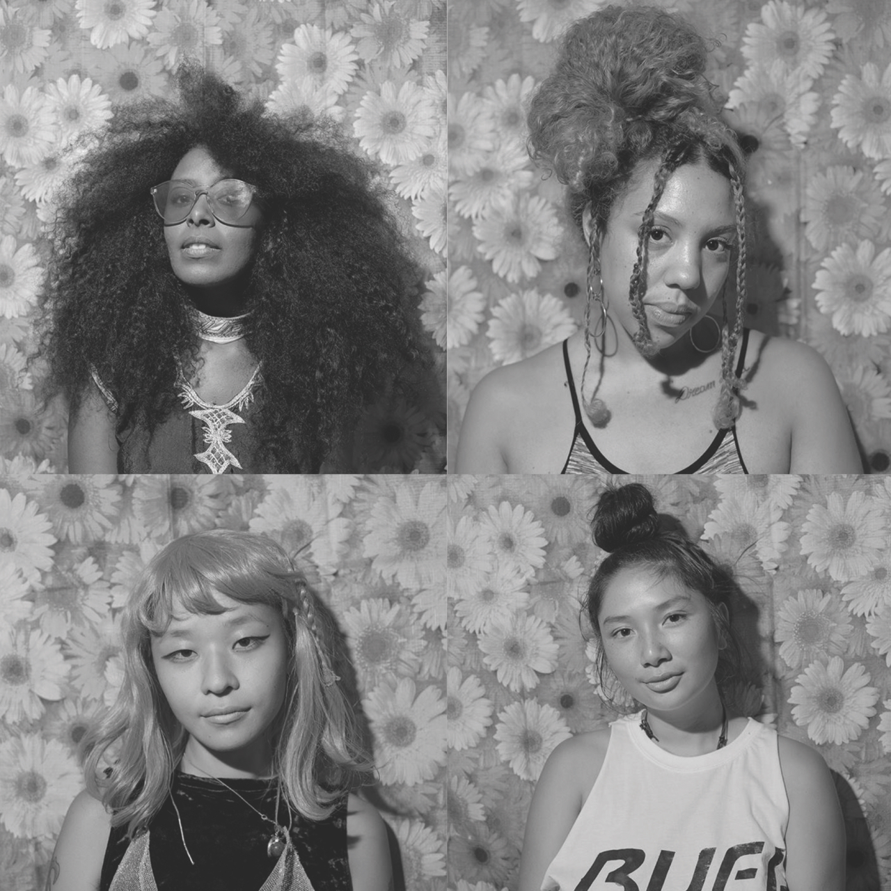 Pictured from top left: Tsige Taffese, a Black woman with long curly hair, wearing sunglasses. Pictured top right: Jazmin Jones, a light-skinned Black femme with fringe braided hair and curly hair in a ponytail. Bottom left is pictured Suhyun Choi, a Korean non-binary person with a 50's style blond hair. Bottom right is pictured Katherine Tom, a tanned Korean person with dark hair up in a bun.