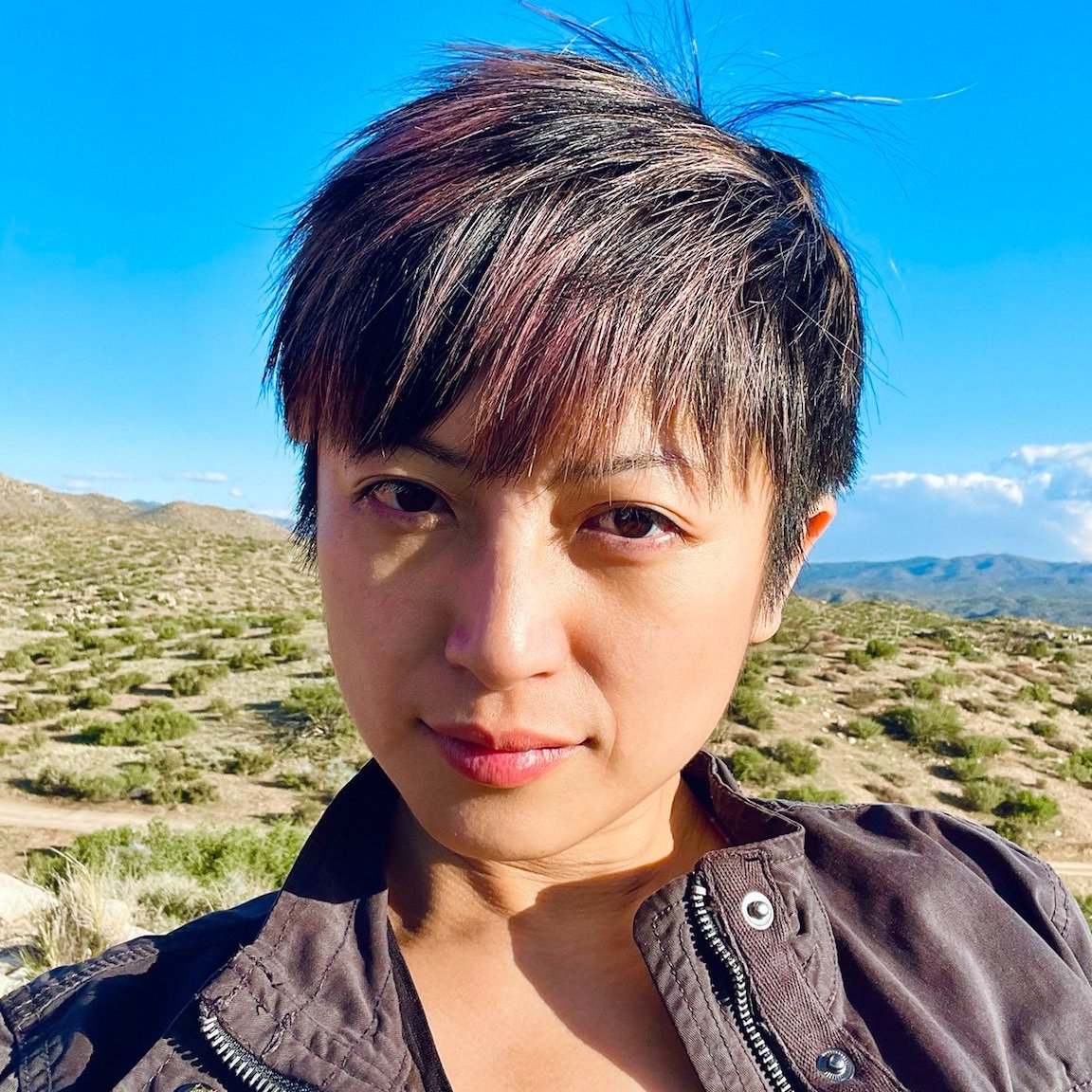 a Han-Taiwanese nonbinary person with almond-colored skin, short black hair and purple highlights stands in front of the California desert landscape.